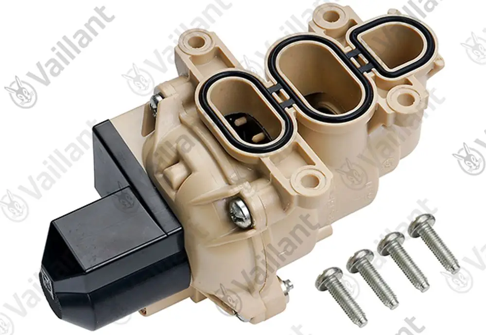 Vaillant Vorrangumschaltventil in beige mit sensibler Steuerungseinheit und vier Montage-Schrauben.